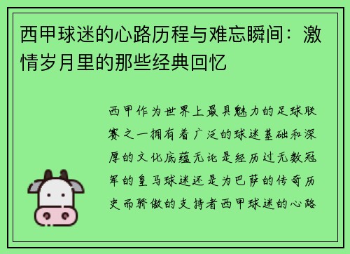 西甲球迷的心路历程与难忘瞬间：激情岁月里的那些经典回忆