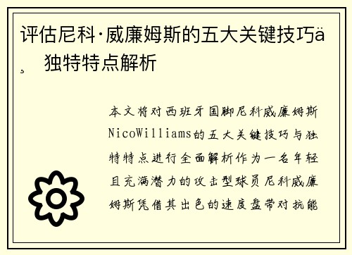 评估尼科·威廉姆斯的五大关键技巧与独特特点解析