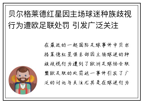 贝尔格莱德红星因主场球迷种族歧视行为遭欧足联处罚 引发广泛关注