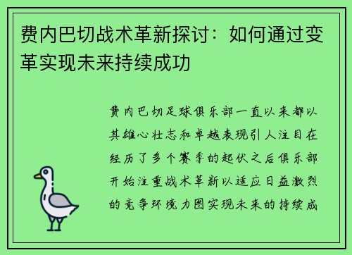 费内巴切战术革新探讨：如何通过变革实现未来持续成功