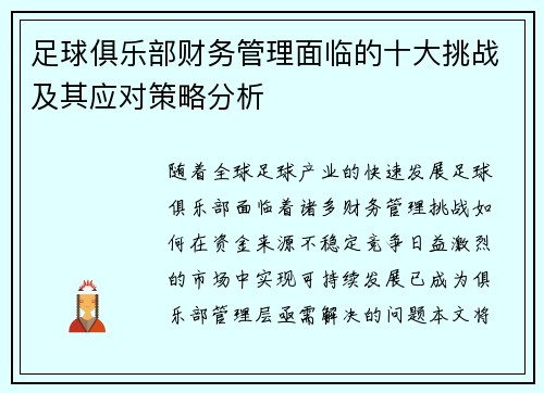 足球俱乐部财务管理面临的十大挑战及其应对策略分析 足球俱乐部财务管理面临的十大挑战及其应对策略分析