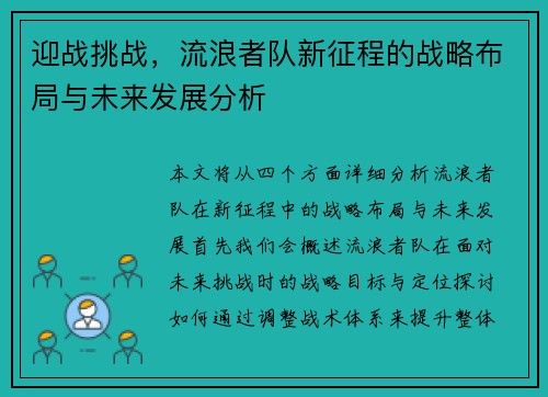 迎战挑战，流浪者队新征程的战略布局与未来发展分析
