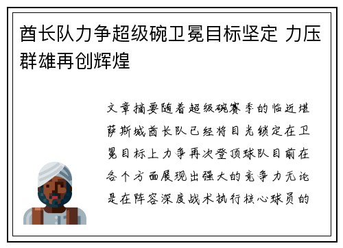 酋长队力争超级碗卫冕目标坚定 力压群雄再创辉煌