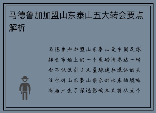 马德鲁加加盟山东泰山五大转会要点解析